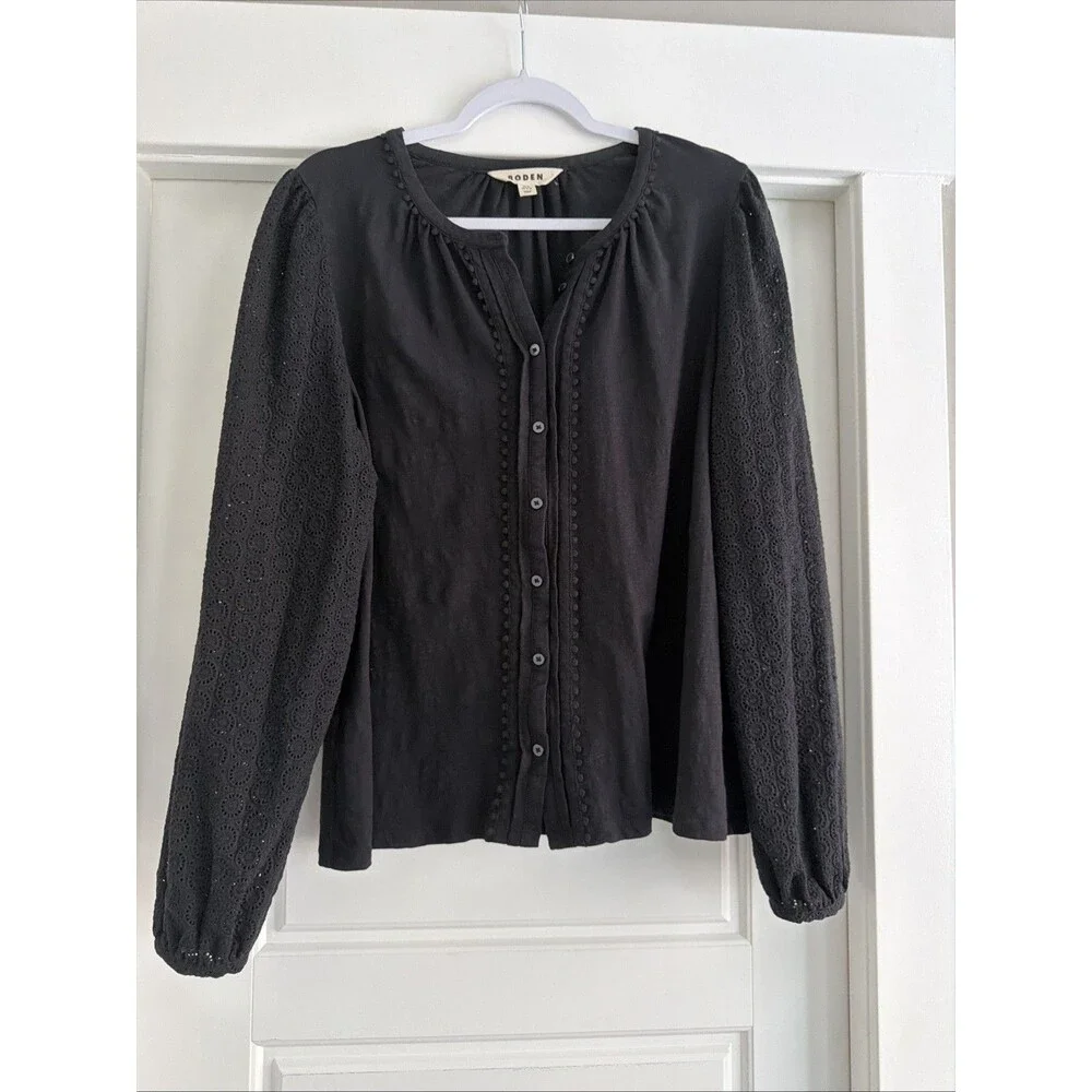 Boden Black Eden Broderie Jersey Shirt US16-18